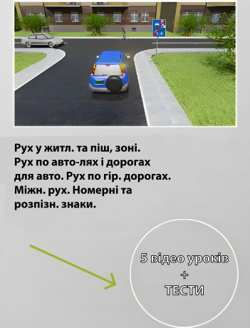 Рух у житл. та піш. зоні. Рух по авто-лях і дорогах для авто. Рух по гір. дорогах. Міжн. рух. Номерні та розпізн. знаки